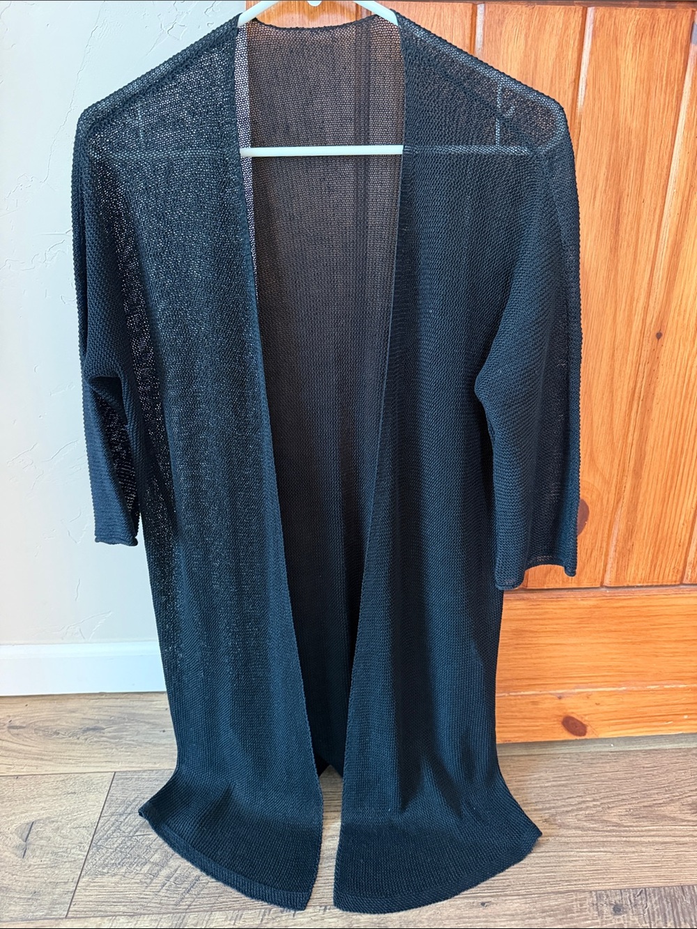 EILEEN FISHER 100% Organic Linen Open Stitch Long Cardigan Black Petite XS / S